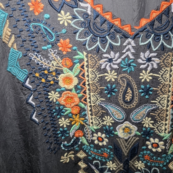 Johnny Was Grey Embroidered Tunic Blouse Sheer Gypsy Bohemian Hippie Size L - Picture 5 of 14